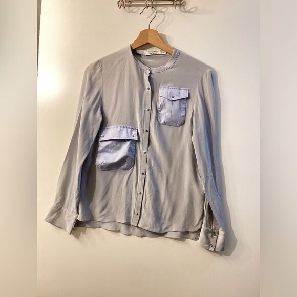 Altuzarra Silk Light Blue Button-Down Blouse Front Pockets Size 6 - Picture 3 of 11